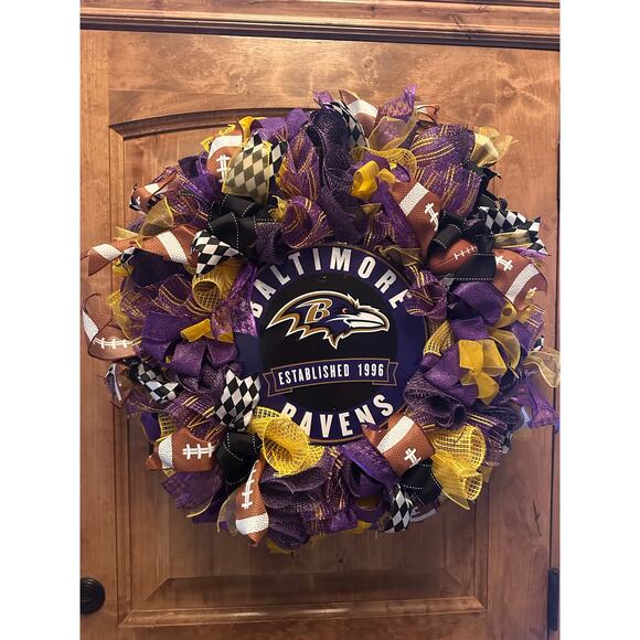 Handmade Baltimore Ravens NFL Football Wreath Door Decor Purple Gold Mesh 24”